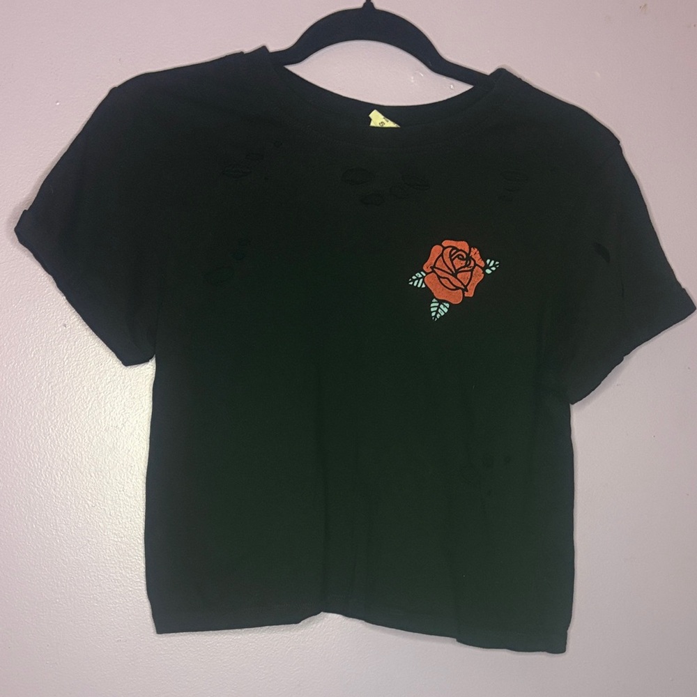 Black T-Shirt with Red Rose Design